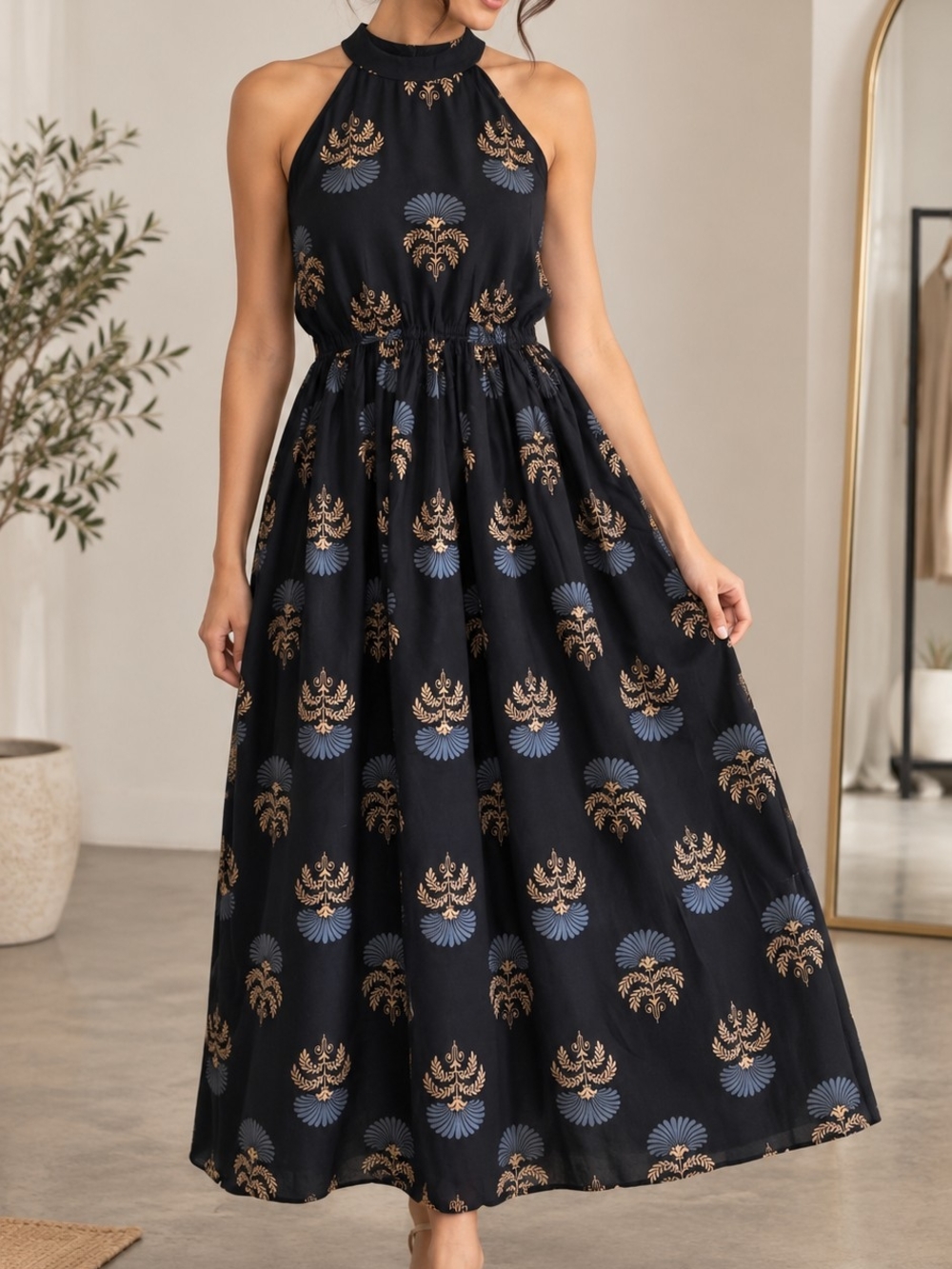Elegant Black Halter Maxi Dress with Blue and Gold Print